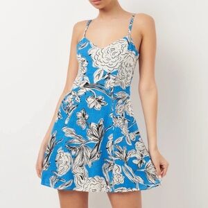 Zara Blue and White Floral Mini Dress Linen Blend XS